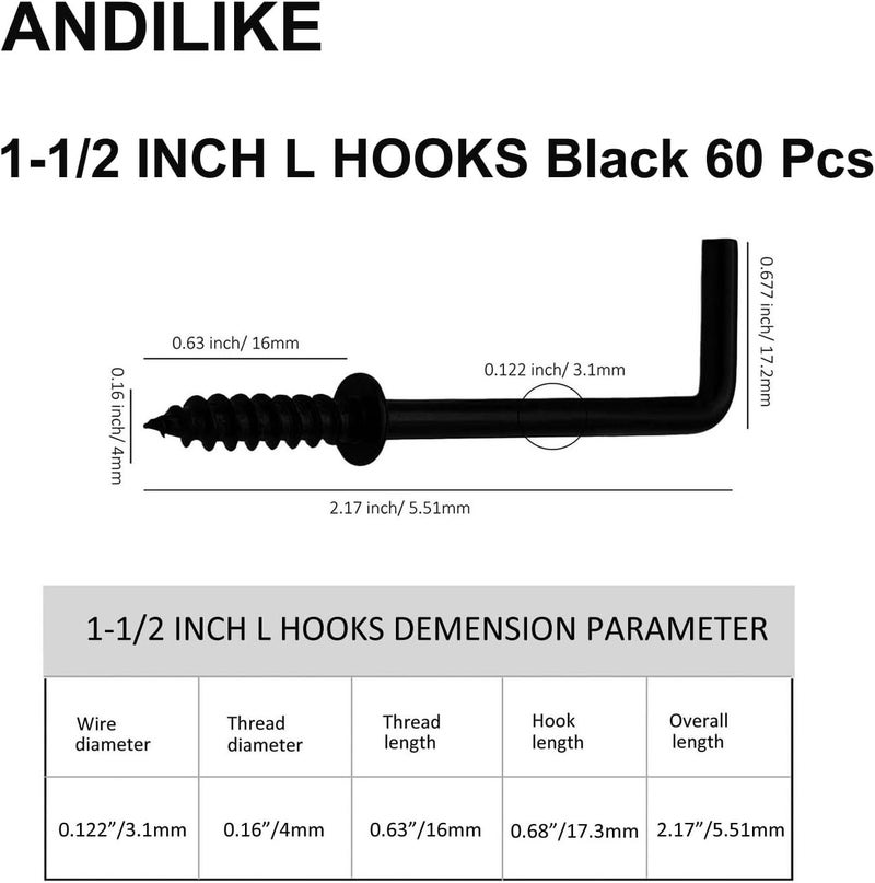 ANDILIKE 60 PCS 7 Shaped Right Angle Screw Hooks,Black 1-1/2 Inch Screw in L Shaped Hooks for Hanging Lamp,Plants,Decorations,kitchenware and DIY Crafts - Image 2